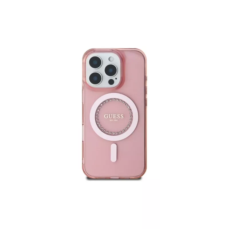 Guess GUHMP16LPFTDTEP Funda rígida IML Rhinestones MagSafe para iPhone 16 Pro 6,3