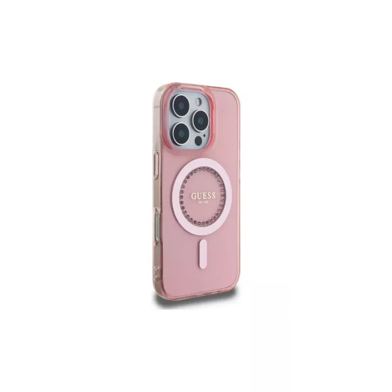 Guess GUHMP16LPFTDTEP Funda rígida IML Rhinestones MagSafe para iPhone 16 Pro 6,3