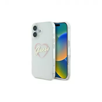 Guess GUHCP16MHCHGSPT Funda rígida para Apple iPhone 16 Plus, transparente, IML Heart Pattern