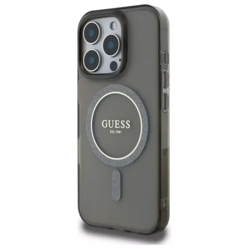 Guess GUHMP16LHFGEREK Funda rígida IML Glitter Circle MagSafe para iPhone 16 Pro 6,3