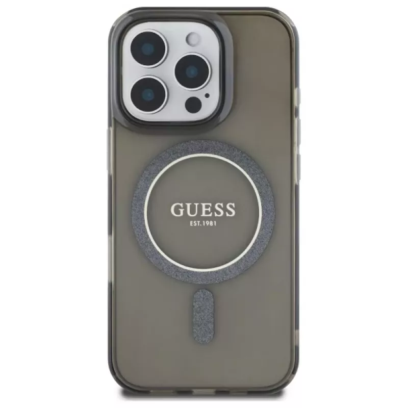 Guess GUHMP16XHFGEREK Funda rígida IML Glitter Circle MagSafe para iPhone 16 Pro Max 6,9 inch negra