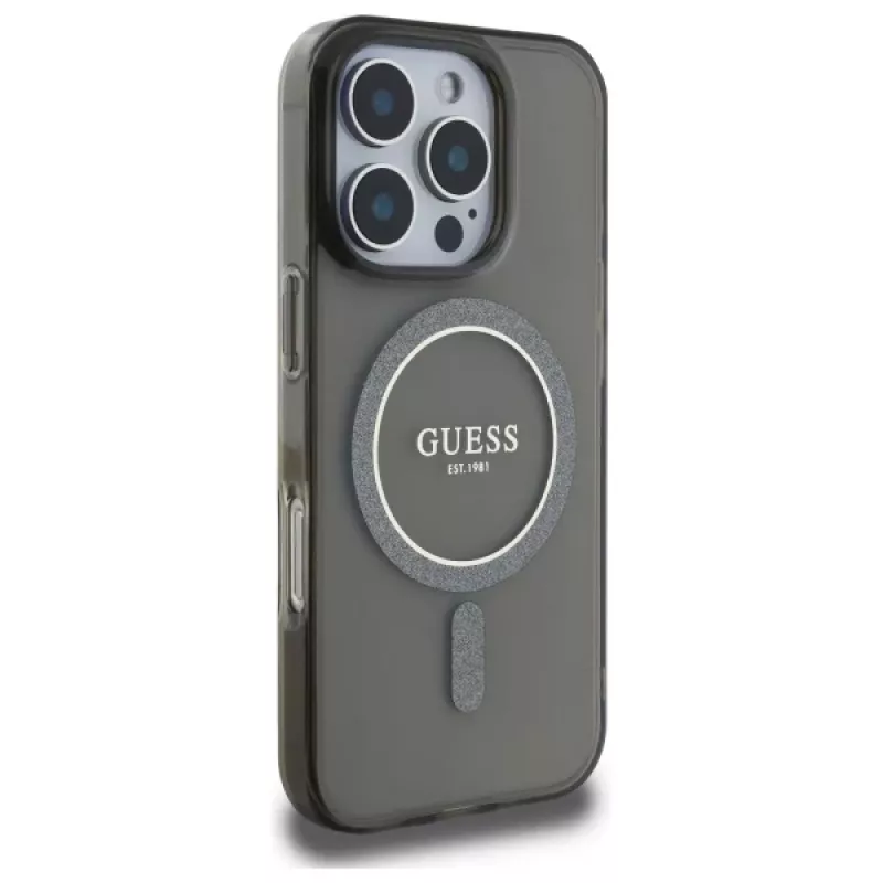 Guess GUHMP16XHFGEREK Funda rígida IML Glitter Circle MagSafe para iPhone 16 Pro Max 6,9 inch negra