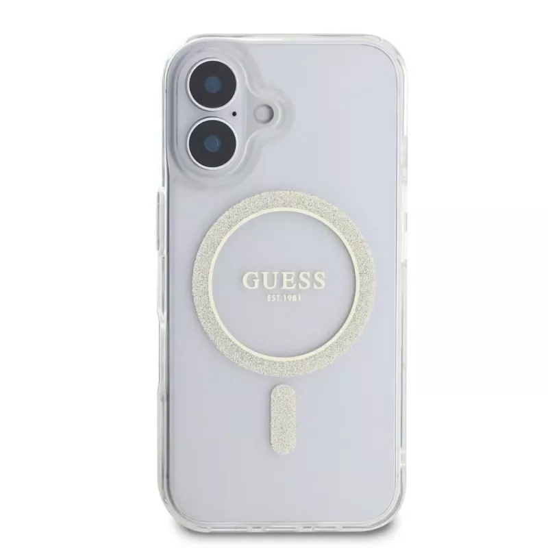 Guess GUHMP16SHFGERET Funda rígida para iPhone 16 transparente IML Glitter Circle MagSafe
