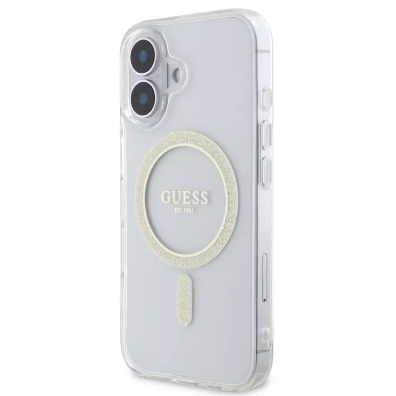 Guess GUHMP16SHFGERET Funda rígida para iPhone 16 transparente IML Glitter Circle MagSafe