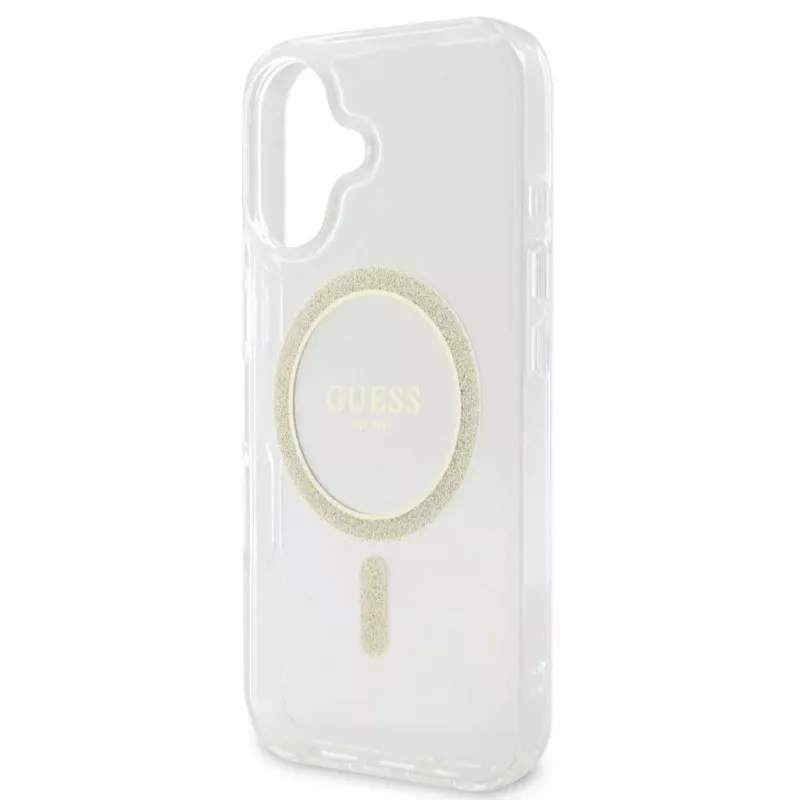 Guess GUHMP16SHFGERET Funda rígida para iPhone 16 transparente IML Glitter Circle MagSafe