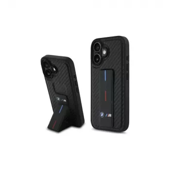 BMW BMHCP16SGSPCCK M Grip Stand Smooth and Carbon funda rígida para iPhone 16 6,1 – negro
