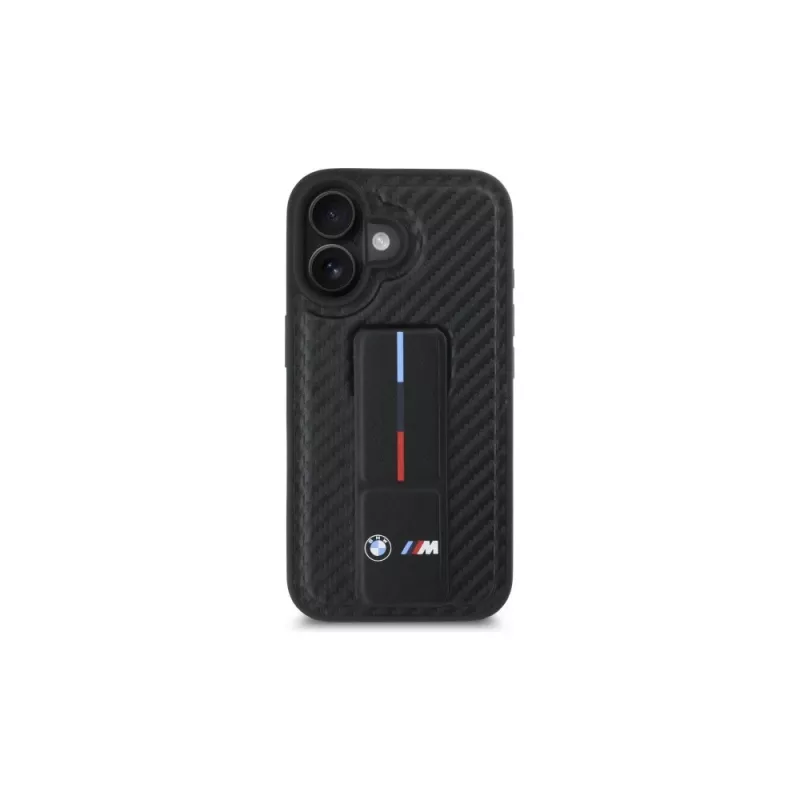 BMW BMHCP16SGSPCCK M Grip Stand Smooth and Carbon funda rígida para iPhone 16 6,1 – negro