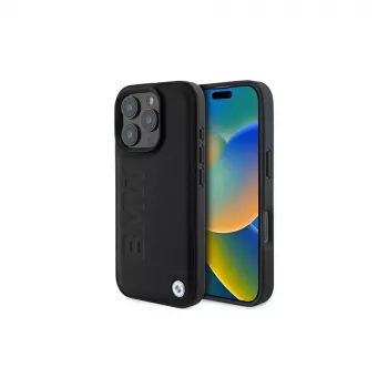 BMW Signature Collection Funda rígida para Apple iPhone 16 Pro Max 6,9 inch piel auténtica negra Hot Stamp MagSafe