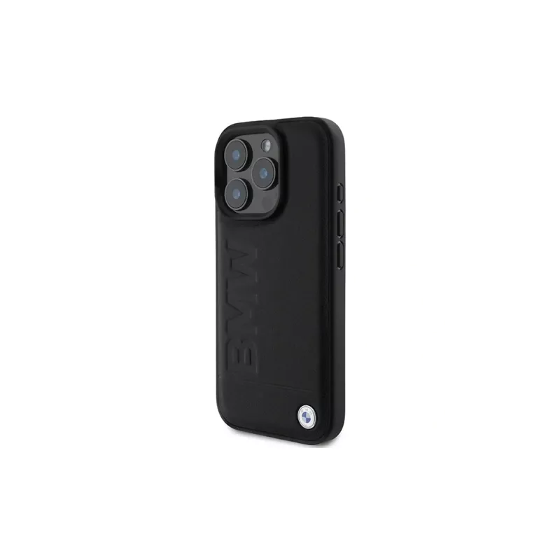 BMW Signature Collection Funda rígida para Apple iPhone 16 Pro Max 6,9 inch piel auténtica negra Hot Stamp MagSafe