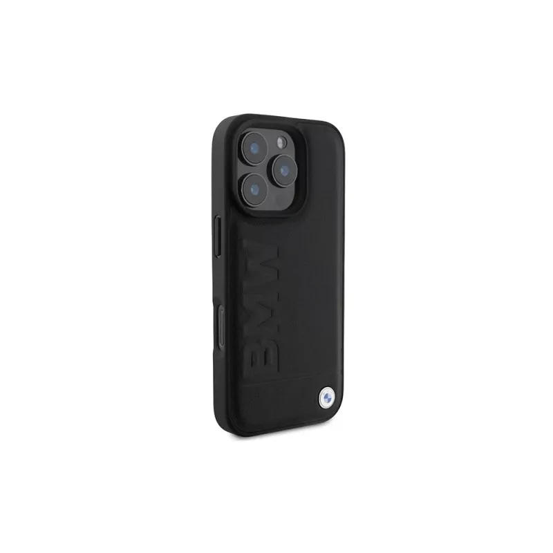 BMW Signature Collection Funda rígida para Apple iPhone 16 Pro Max 6,9 inch piel auténtica negra Hot Stamp MagSafe
