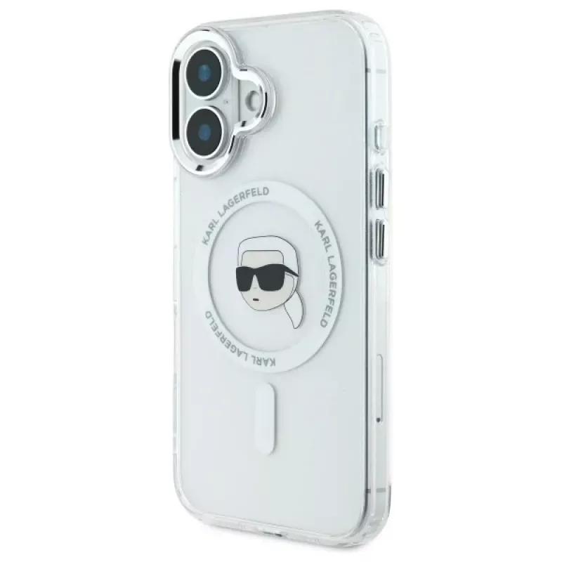 Karl Lagerfeld KLHMP16SHLSKIH funda rígida IML Metal Karl Head MagSafe para Apple iPhone 16 de 6,1 pulgadas, blanca