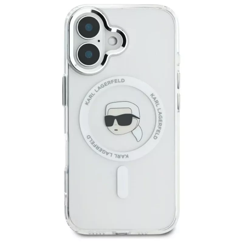 Karl Lagerfeld KLHMP16SHLSKIH funda rígida IML Metal Karl Head MagSafe para Apple iPhone 16 de 6,1 pulgadas, blanca