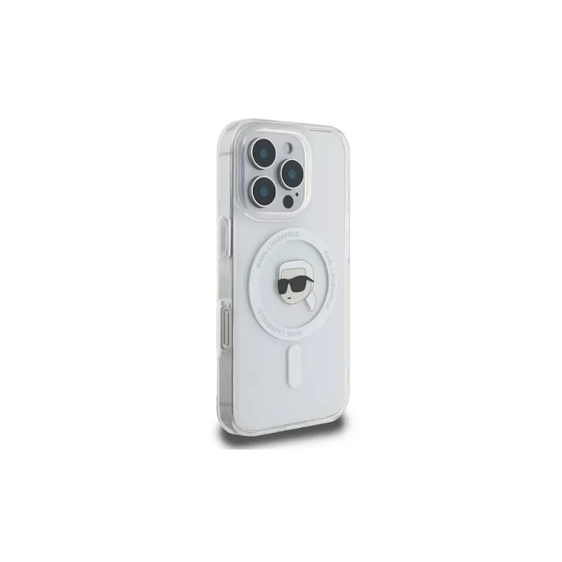 Karl Lagerfeld KLHMP16LHLSKIH Funda rígida IML Metal Karl Head MagSafe para Apple iPhone 16 Pro, blanca