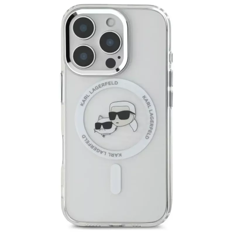 Karl Lagerfeld KLHMP16LHLSKCH funda rígida IML Metal Karl & Choupette Head MagSafe para Apple iPhone 16 Pro, blanca