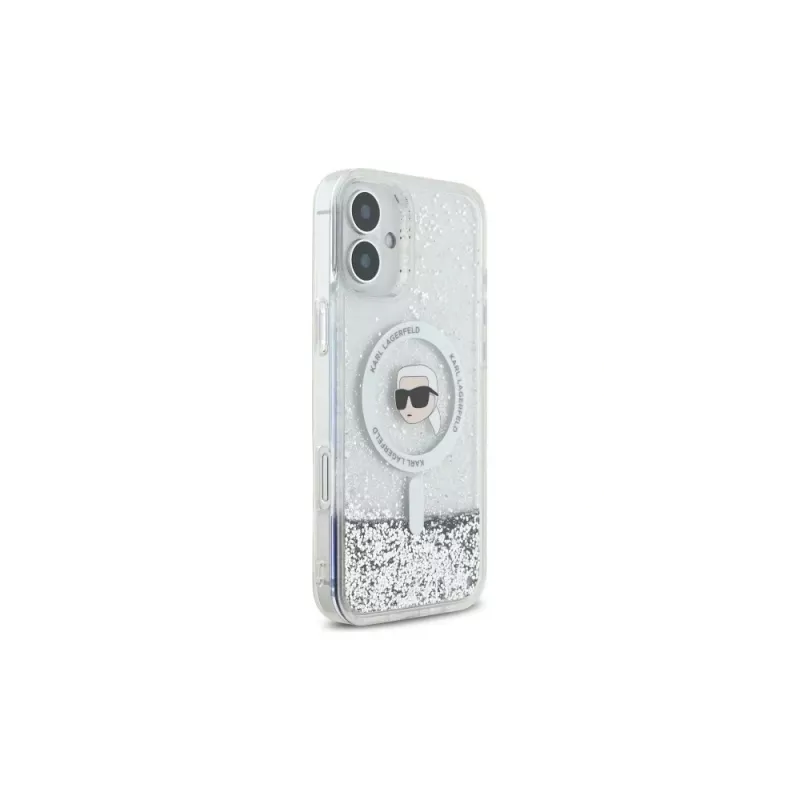 Karl Lagerfeld Funda rígida MagSafe Liquid Glitter Karl Head para iPhone 16 Plus, transparente