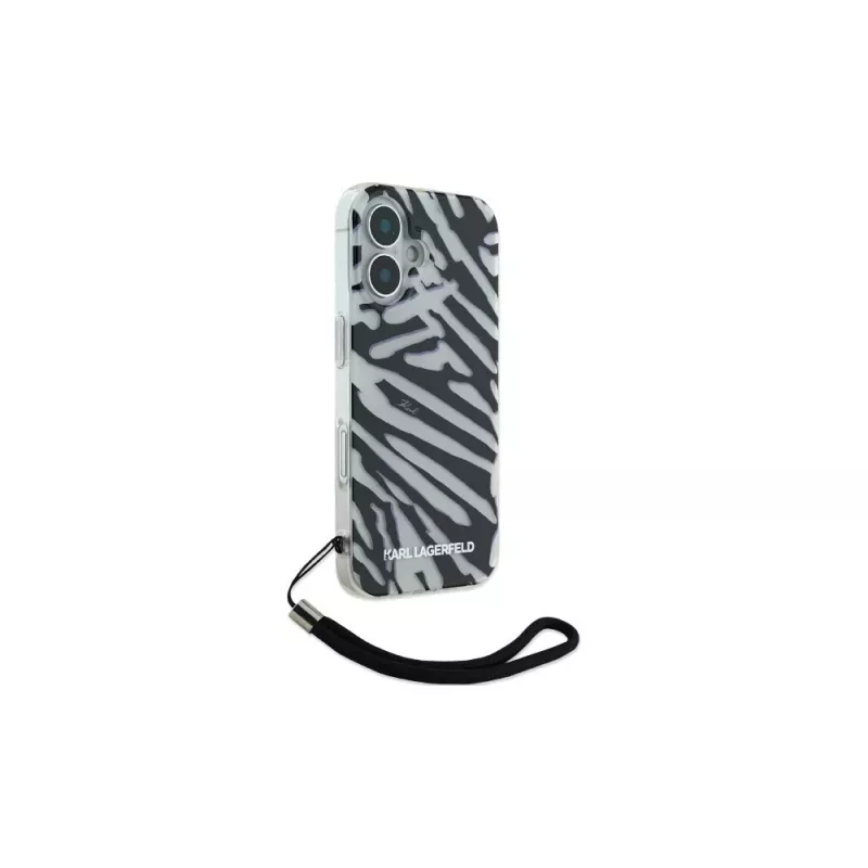 Karl Lagerfeld Funda trasera IML Zebra Pattern & Cord para Apple iPhone 16 - negra