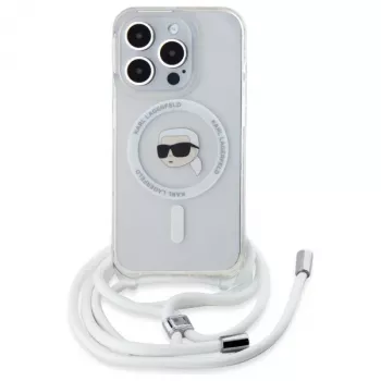 Karl Lagerfeld Funda rígida transparente para iPhone 16 Pro Crossbody IML Karl Head MagSafe