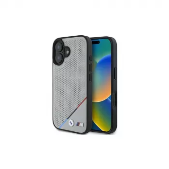 BMW M Funda rígida MagSafe Perforated Tricolor Line para Apple iPhone 16 6,1
