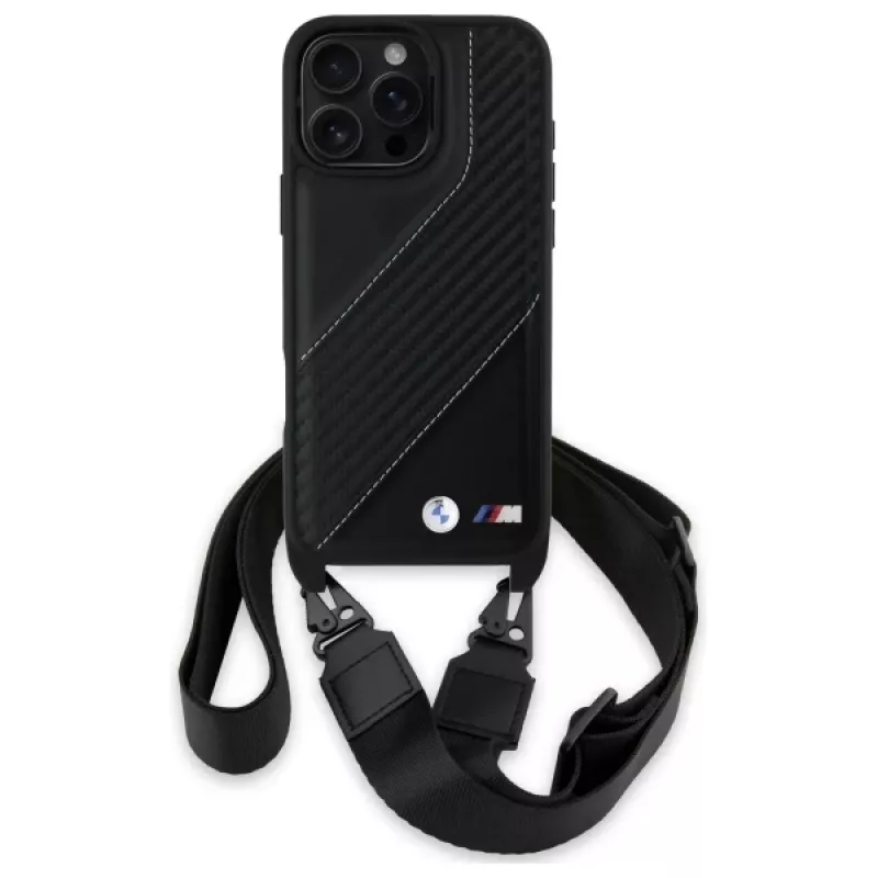 BMW M Edition Funda rígida Carbon Stripe & Strap para Apple iPhone 16 Pro Max 6,9