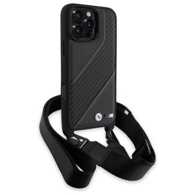 BMW M Edition Funda rígida Carbon Stripe & Strap para Apple iPhone 16 Pro Max 6,9