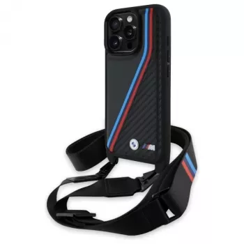 BMW M Edition Funda rígida Carbon Tricolor Lines & Strap para iPhone 16 Pro 6,3