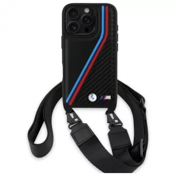 BMW M Edition Funda rígida Carbon Tricolor Lines & Strap para iPhone 16 Pro 6,3