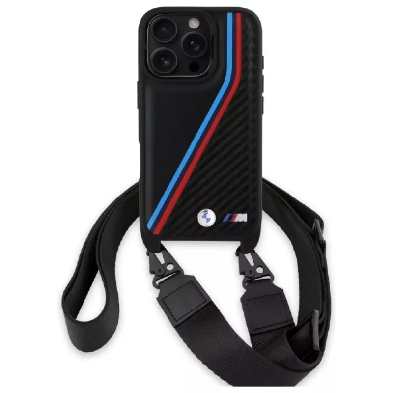 BMW BMHCP16X23PSVTK Funda rígida M Edition Carbon Tricolor Lines & Strap para iPhone 16 Pro Max 6,9