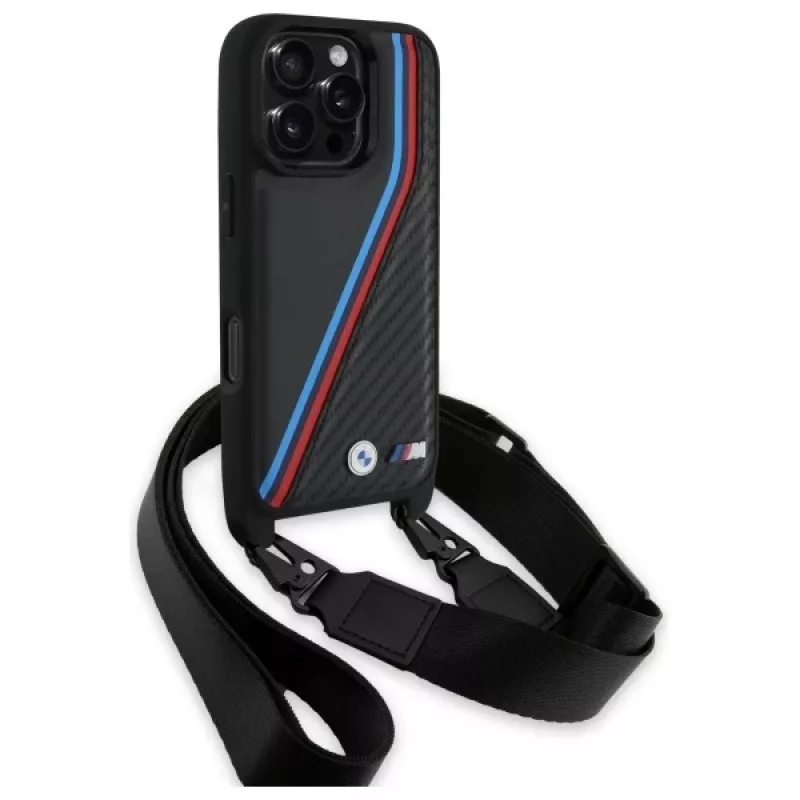 BMW BMHCP16X23PSVTK Funda rígida M Edition Carbon Tricolor Lines & Strap para iPhone 16 Pro Max 6,9