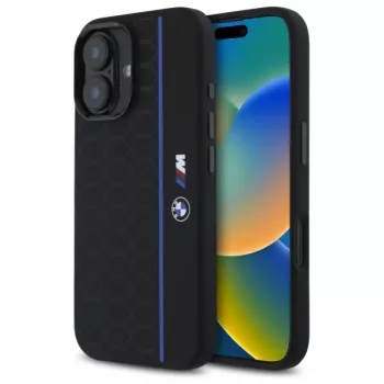 BMW BMHMP16S23SHEB Funda rígida de silicona Hexagon Blue Line MagSafe para iPhone 16 6,1