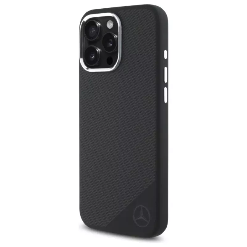 Mercedes-Benz MEHMP16X23SUGDK iPhone 16 Pro Max 6,9 inch carcasa rígida de silicona negra con logo tonal veta de madera MagSafe
