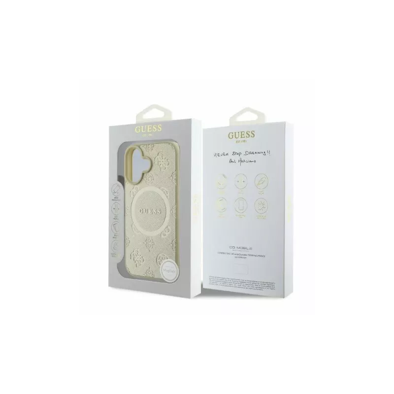 Guess Saffiano Peony Classic Logo funda MagSafe para iPhone 16 (dorado)