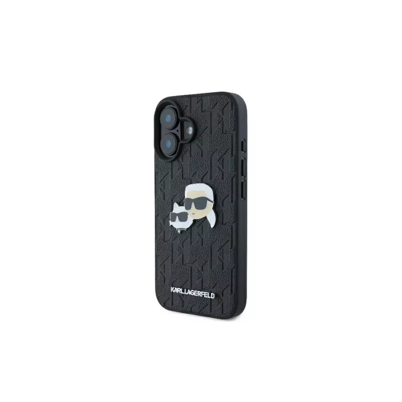 Karl Lagerfeld Monogram Karl & Choupette Head Pin Funda para iPhone 16 (negro)