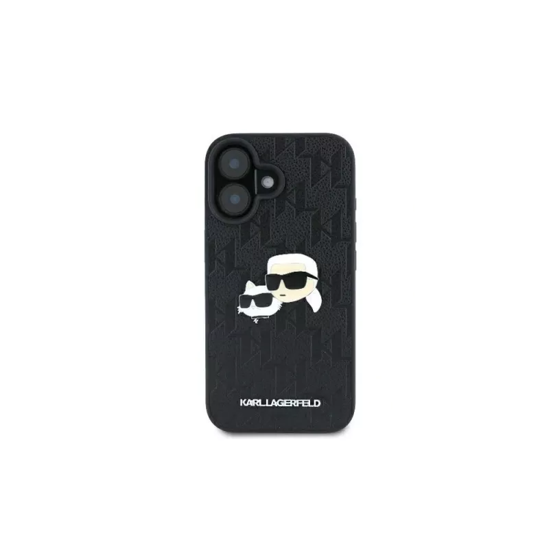 Karl Lagerfeld Monogram Karl & Choupette Head Pin Funda para iPhone 16 (negro)