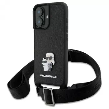 Karl Lagerfeld Saffiano Karl & Choupette Metal Pin CBDY Strap Funda rígida para iPhone 16 6.1, negra