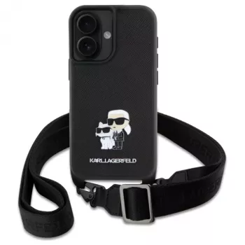 Karl Lagerfeld Saffiano Karl & Choupette Metal Pin CBDY Strap Funda rígida para iPhone 16 6.1, negra