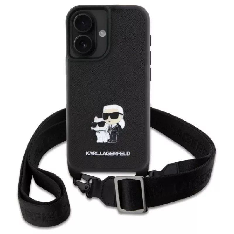 Karl Lagerfeld Saffiano Karl & Choupette Metal Pin CBDY Strap Funda rígida para iPhone 16 6.1, negra