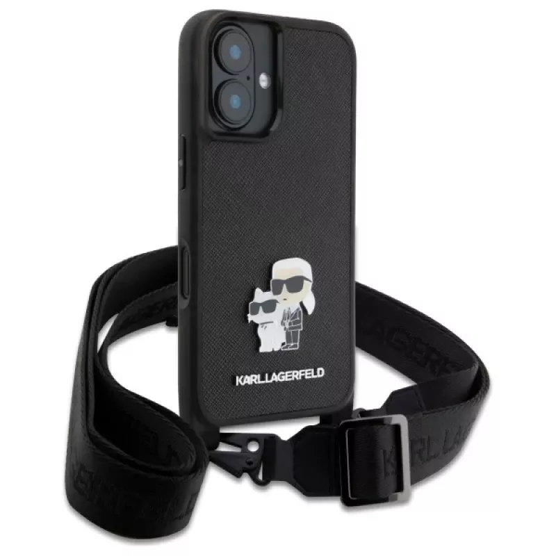 Karl Lagerfeld Saffiano Karl & Choupette Metal Pin CBDY Strap Funda rígida para iPhone 16 6.1, negra