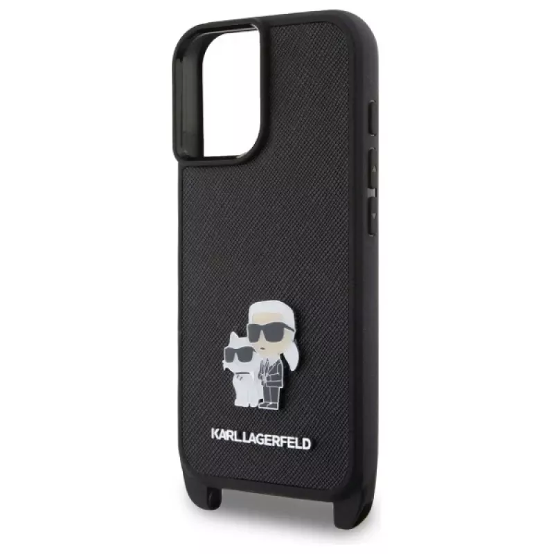 Karl Lagerfeld Saffiano Karl & Choupette Metal Pin CBDY Strap Funda rígida para iPhone 16 6.1, negra