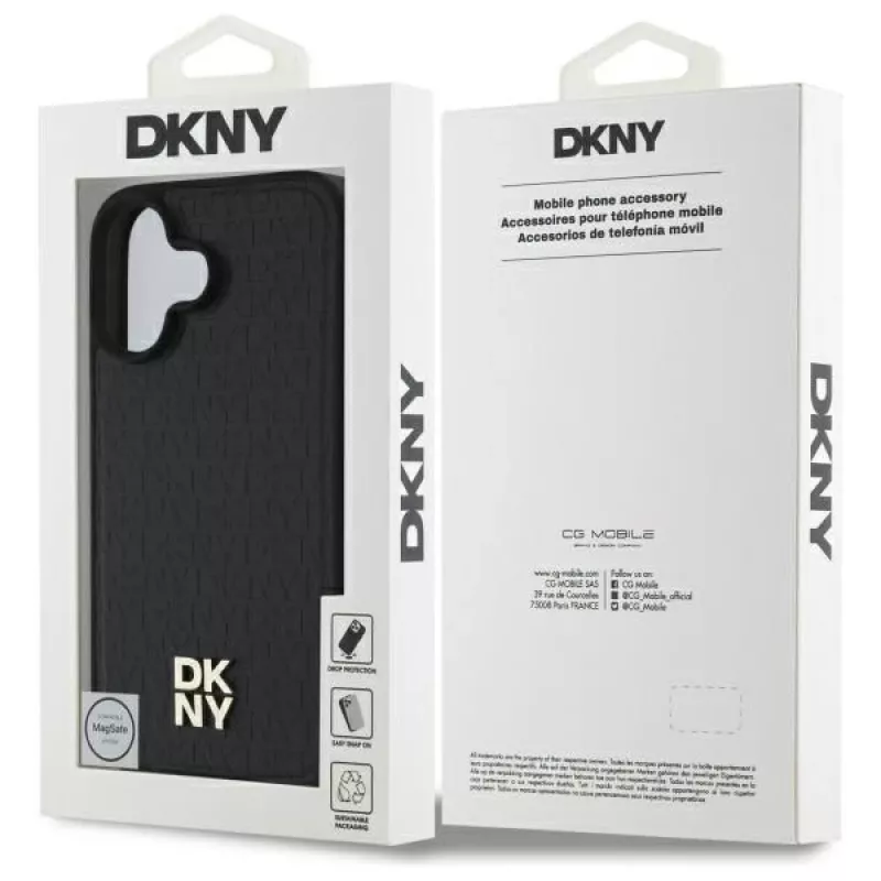 DKNY DKHMP16SPSHRPSK Funda rígida para iPhone 16 6.1 negra Repeat Pattern Stack Logo MagSafe