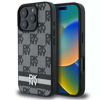 DKNY DKHCP16LPCPTSSK Funda rígida para Apple iPhone 16 Pro 6,3 pulgadas negra patrón de cuadros y rayas impresas