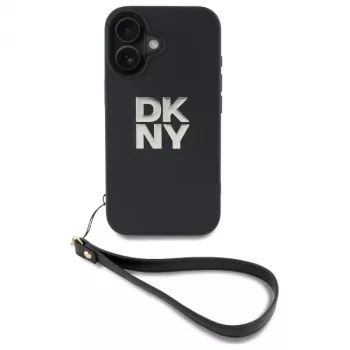 DKNY DKHCP16SPBSWSK Funda rígida para Apple iPhone 16 6,1 pulgadas negra con correa de mano