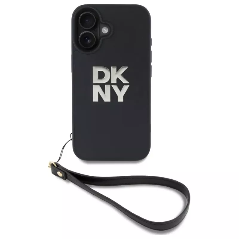DKNY DKHCP16SPBSWSK Funda rígida para Apple iPhone 16 6,1 pulgadas negra con correa de mano