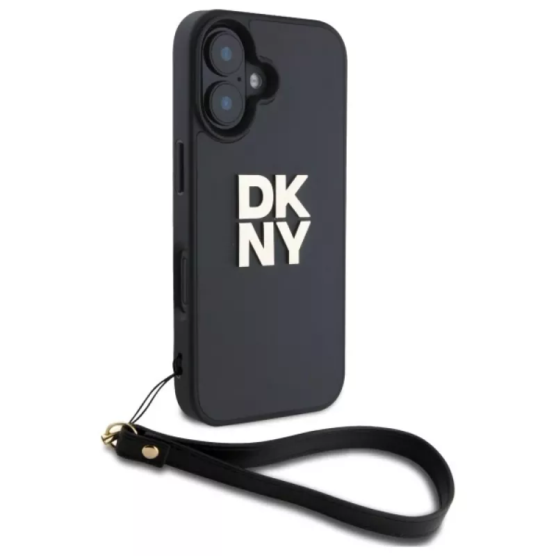 DKNY DKHCP16SPBSWSK Funda rígida para Apple iPhone 16 6,1 pulgadas negra con correa de mano