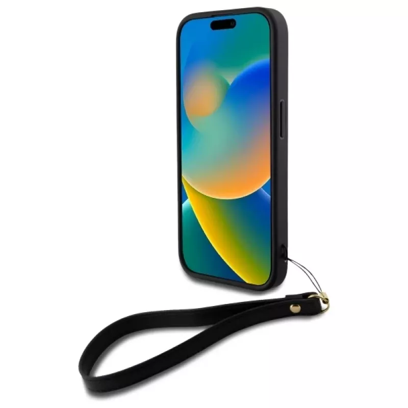 DKNY DKHCP16SPBSWSK Funda rígida para Apple iPhone 16 6,1 pulgadas negra con correa de mano