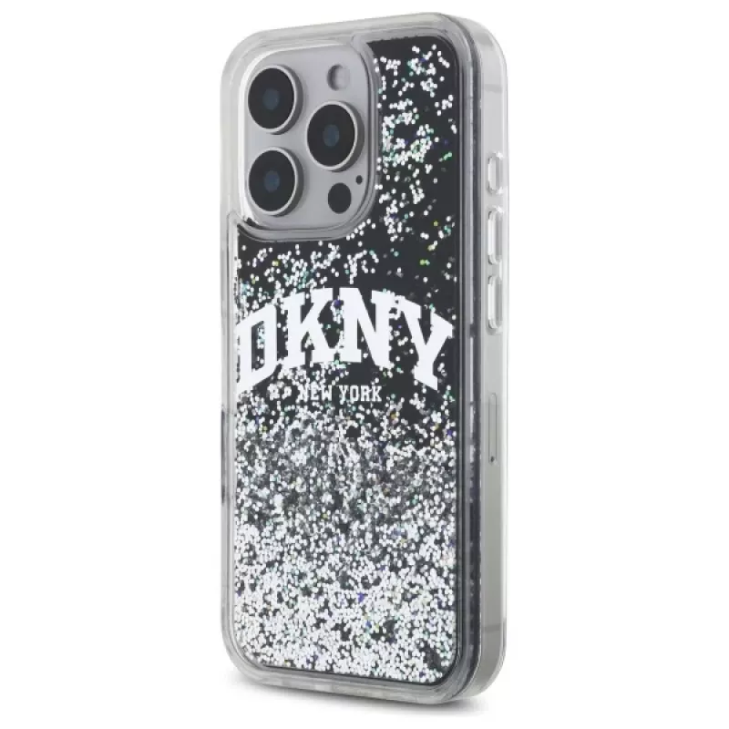 DKNY DKHCP16LLBNAEK Funda rígida para iPhone 16 Pro 6,3 pulgadas negra Liquid Glitter Arch Logo