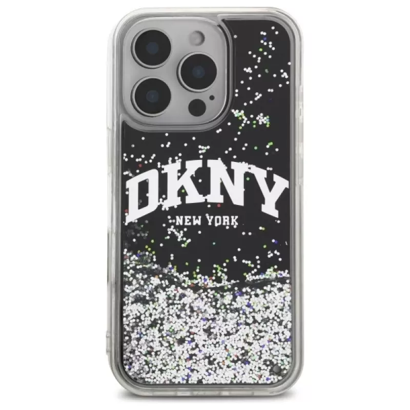 DKNY DKHCP16LLBNAEK Funda rígida para iPhone 16 Pro 6,3 pulgadas negra Liquid Glitter Arch Logo