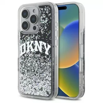DKNY DKHCP16XLBNAEK Funda rígida para iPhone 16 Pro Max 6,9 pulgadas Liquid Glitter Arch Logo negra