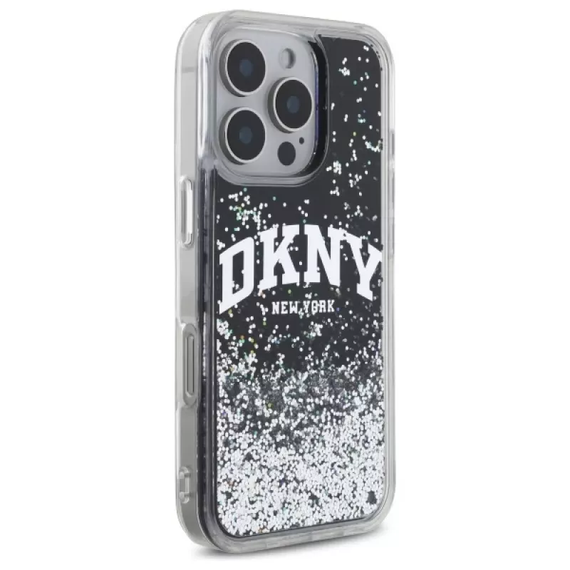 DKNY DKHCP16XLBNAEK Funda rígida para iPhone 16 Pro Max 6,9 pulgadas Liquid Glitter Arch Logo negra