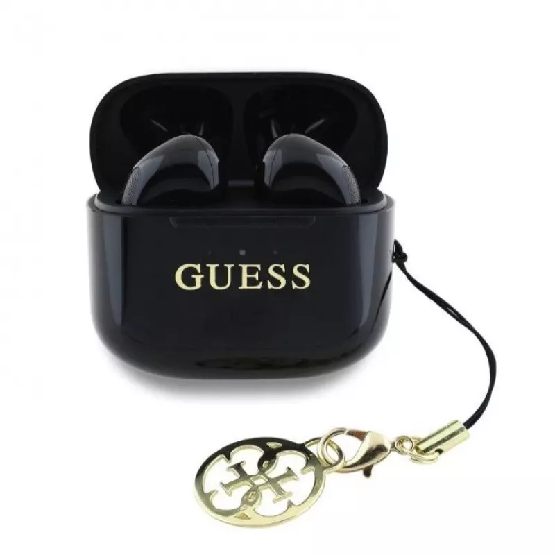 Guess Glossy Effect Printed Classic Logo & Charm auriculares TWS Bluetooth con estuche de carga (negro)