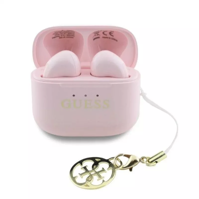 Guess Glossy Effect Printed Classic Logo & Charm auriculares TWS rosa